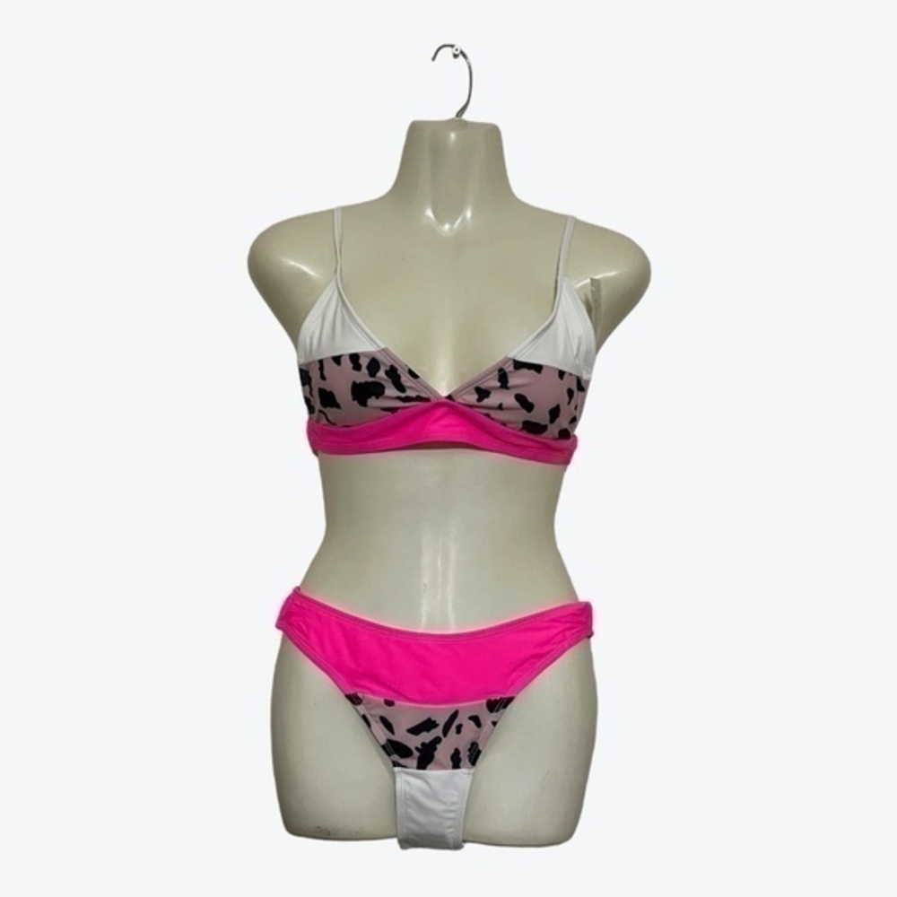 Unbranded Rose Color Block Leopard V Neck Backless 2 Piece Bikini Set Size M